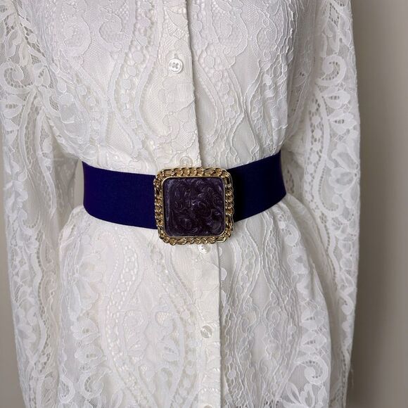 HARWILL NY Purple Gold Chain Link Square Elastic Stretch Vintage Fashion Belt - Picture 1 of 9